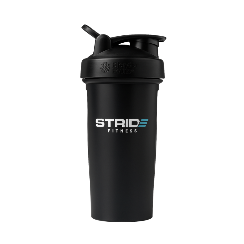 Black 20oz STRIDE Fitness shaker bottle designed for mixing protein shakes, hydration, and post workout recovery