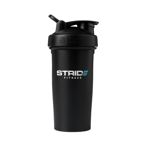Black 20oz STRIDE Fitness shaker bottle designed for mixing protein shakes, hydration, and post workout recovery