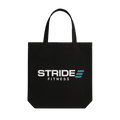 Black STRIDE Fitness canvas tote bag designed for carrying gym gear, daily essentials, and everyday use