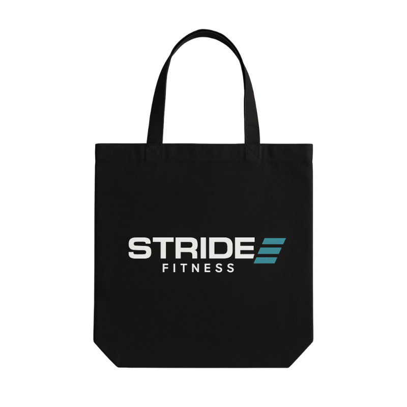 Black STRIDE Fitness canvas tote bag designed for carrying gym gear, daily essentials, and everyday use