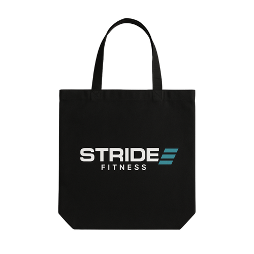 Black STRIDE Fitness canvas tote bag designed for carrying gym gear, daily essentials, and everyday use