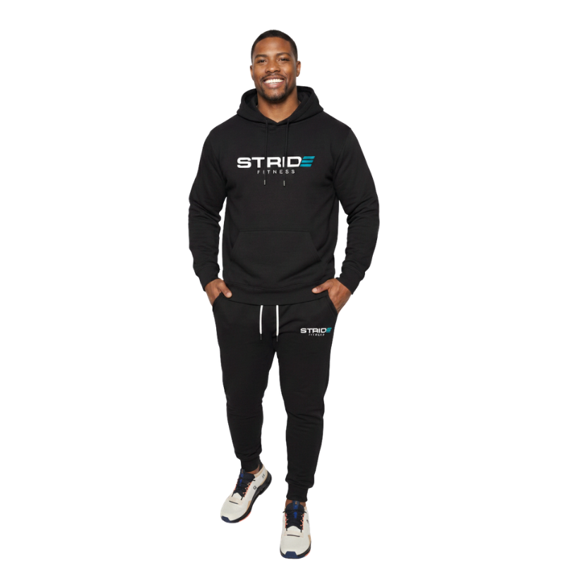 Men’s black performance sweatshirt from STRIDE Fitness designed for training, comfort, and everyday wear