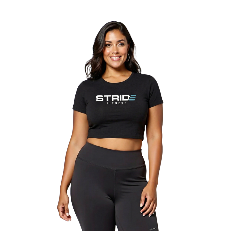 Women’s black crop top from STRIDE Fitness designed for performance, comfort, and active wear