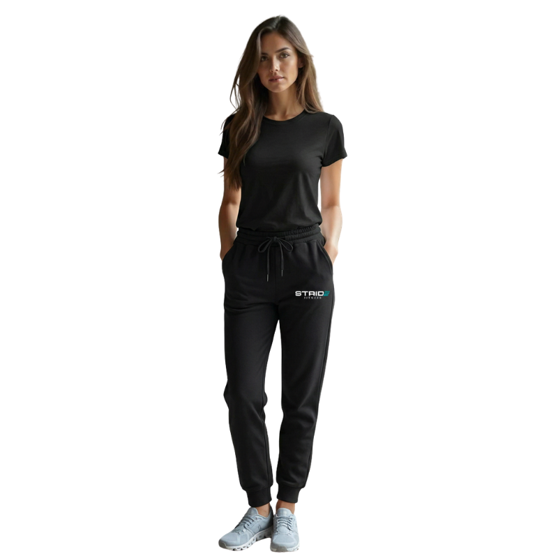 woman wearing black performance joggers STRIDE Fitness athletic training apparel